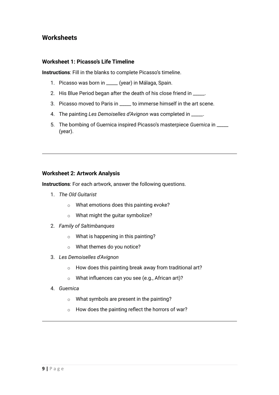 Picasso timeline fill-in for 5 key dates, plus artwork analysis questions on four paintings including Guernica's symbols