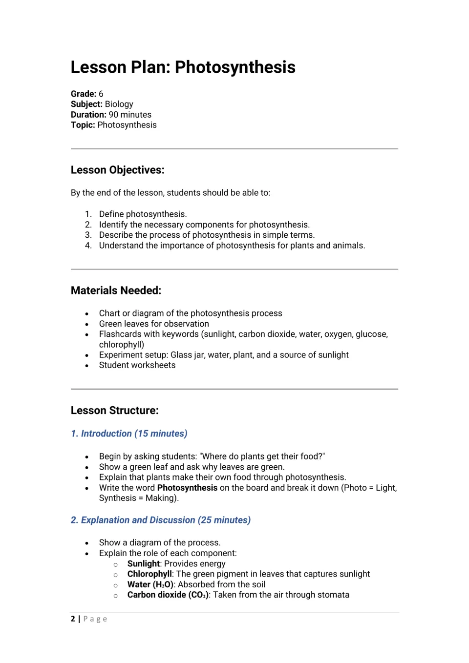 First lesson plan page: sixth-grade objectives, materials, introduction, and photosynthesis discussion