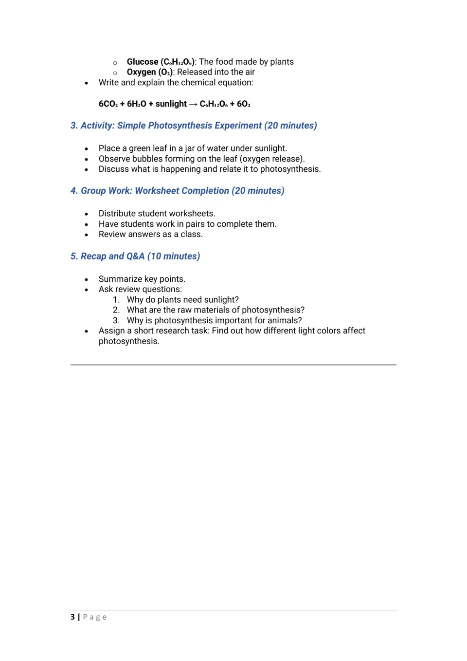 Second lesson plan page: photosynthesis equation, leaf experiment, paired worksheet work, and review questions