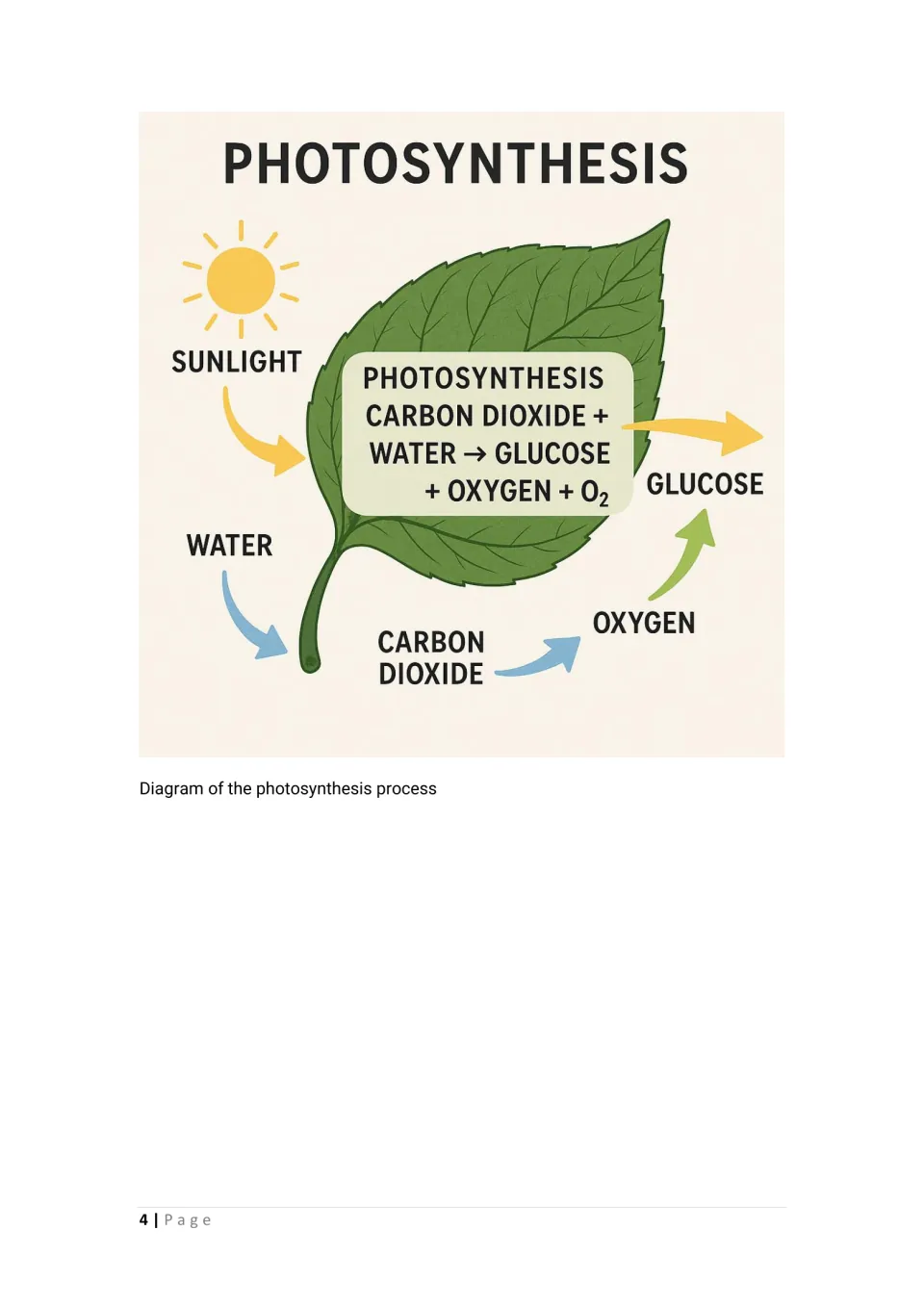 Photosynthesis lesson diagram labels sunlight, water, carbon dioxide, glucose, and oxygen around a leaf