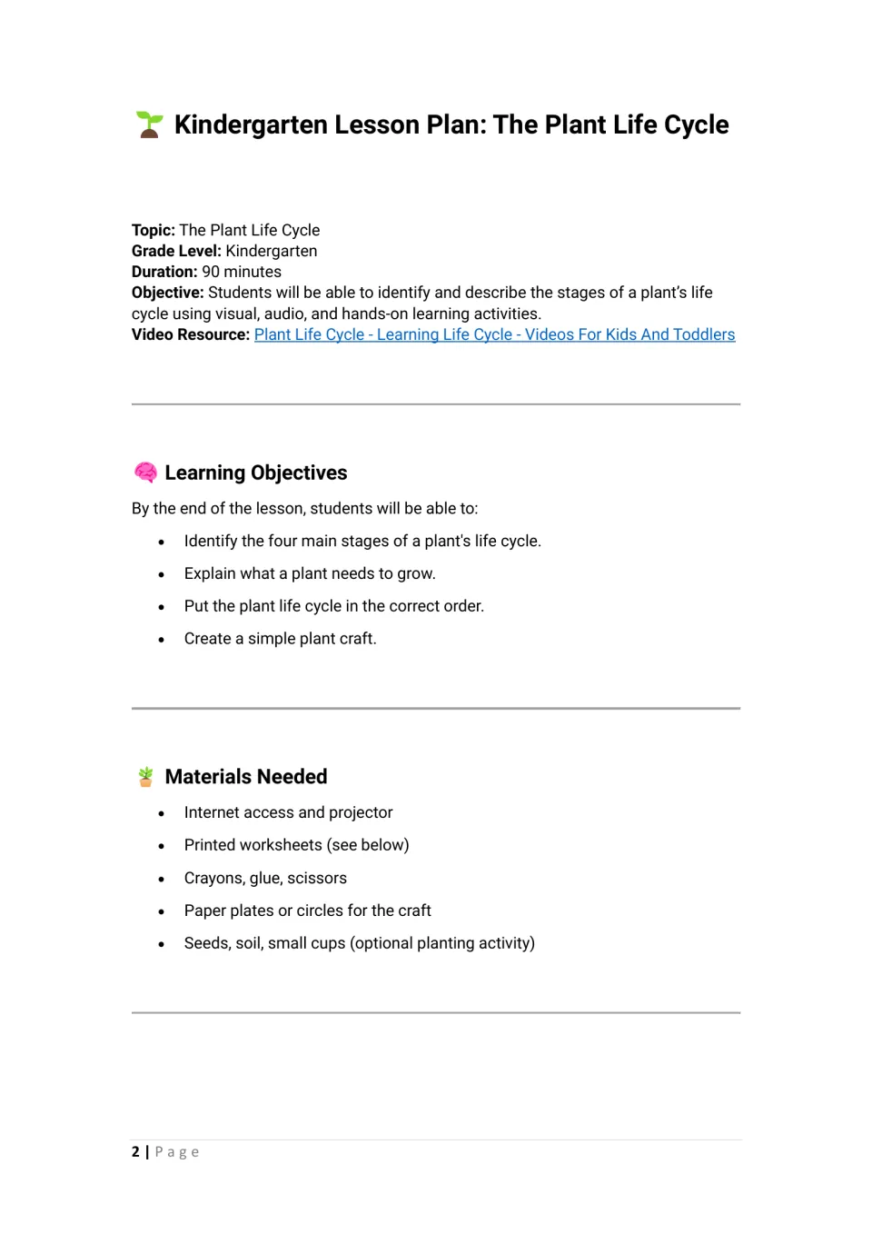 Plant life cycle lesson overview: 90-minute plan with topic, objective, video link, four learning goals and materials list