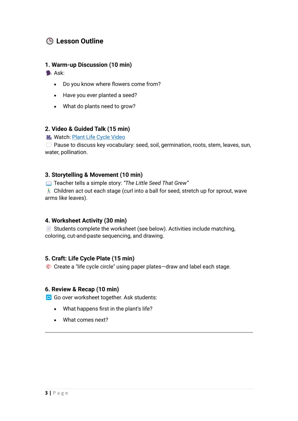 Lesson outline in six timed steps: warm-up questions, video vocabulary, seed story movement, worksheet, plate craft, recap