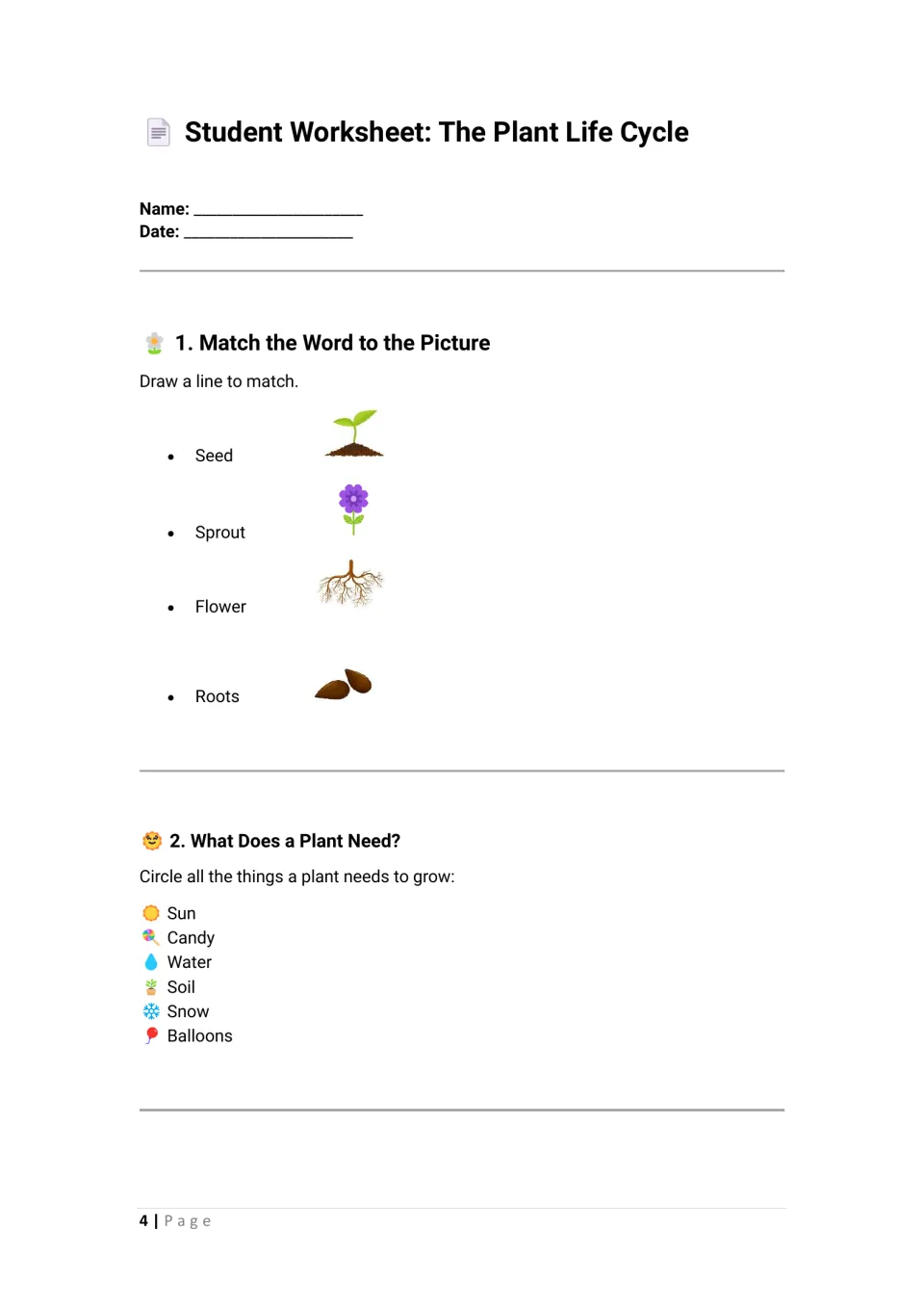 Plant parts matching: students draw lines from seed, sprout, flower and roots to pictures, then circle what plants need