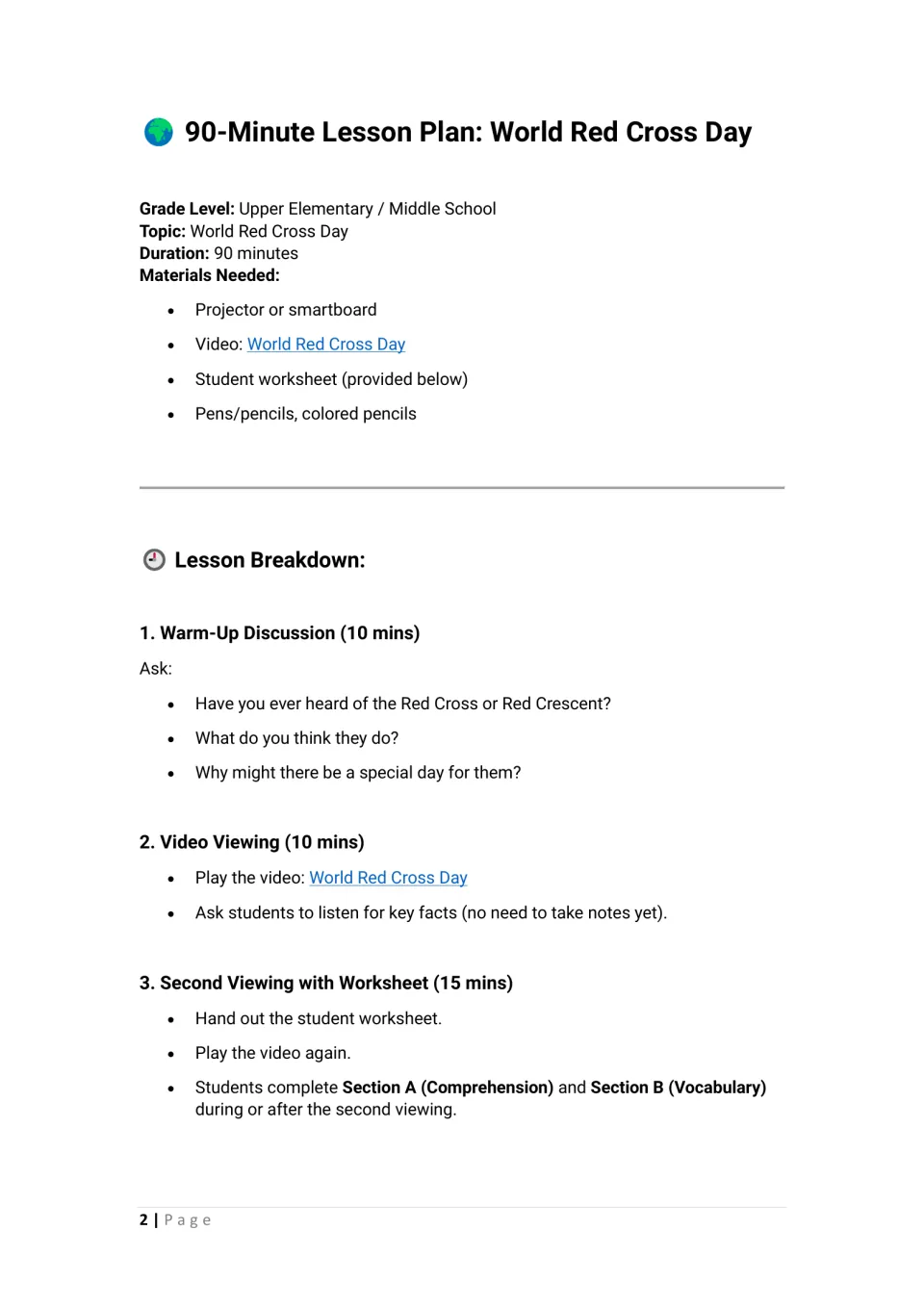 Lesson plan opening: materials, a warm-up discussion, video viewing, and a second viewing with the worksheet