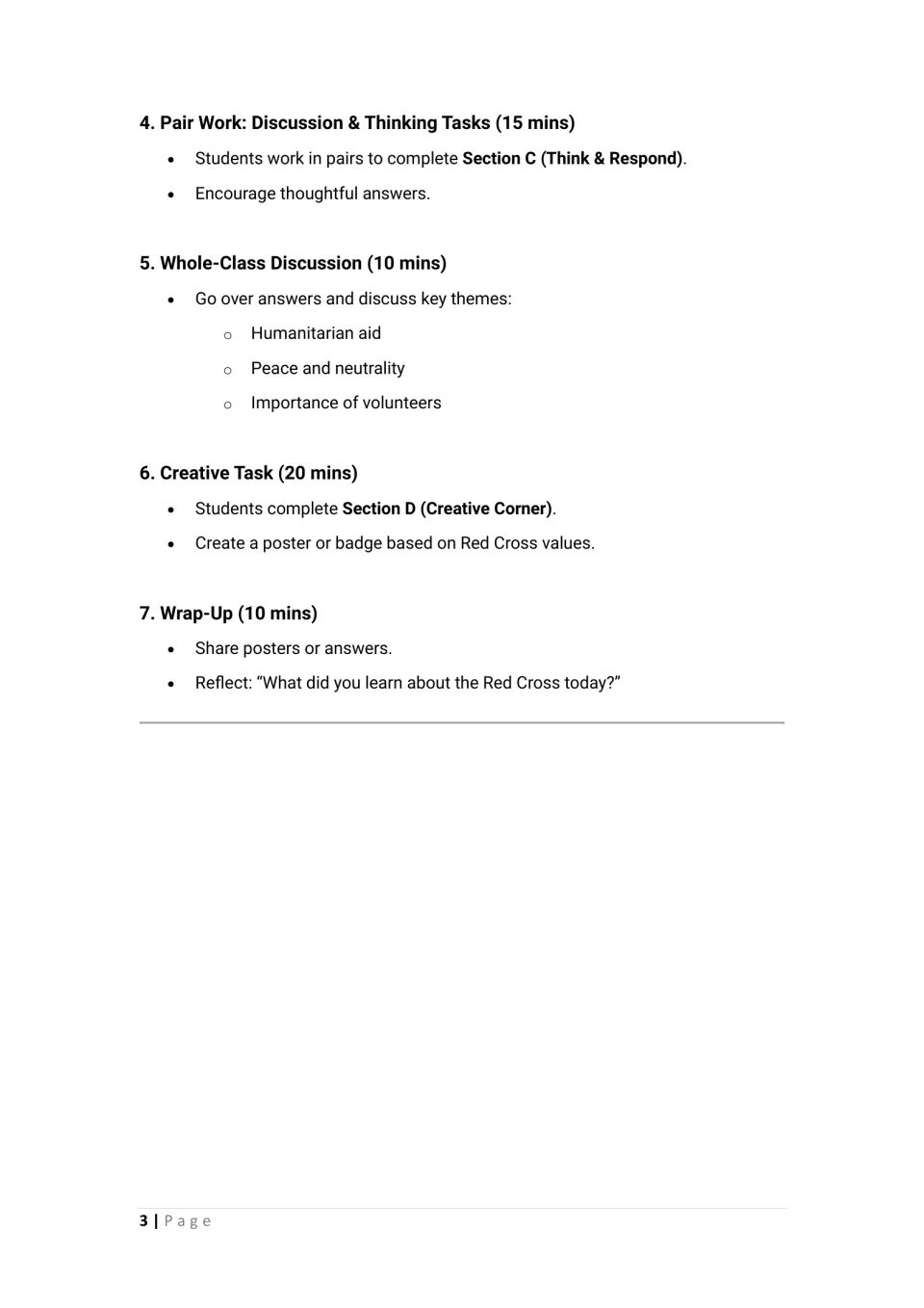 Lesson plan continuation: pair work, class discussion of humanitarian aid, a creative task, and reflection