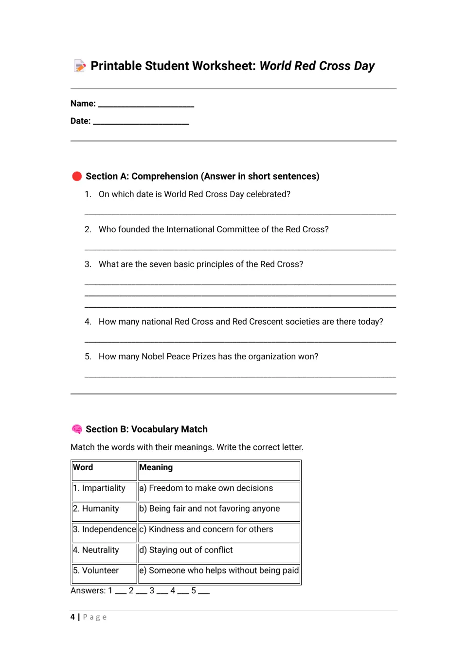 Student worksheet sections A–B: five Red Cross comprehension questions and five vocabulary matching items