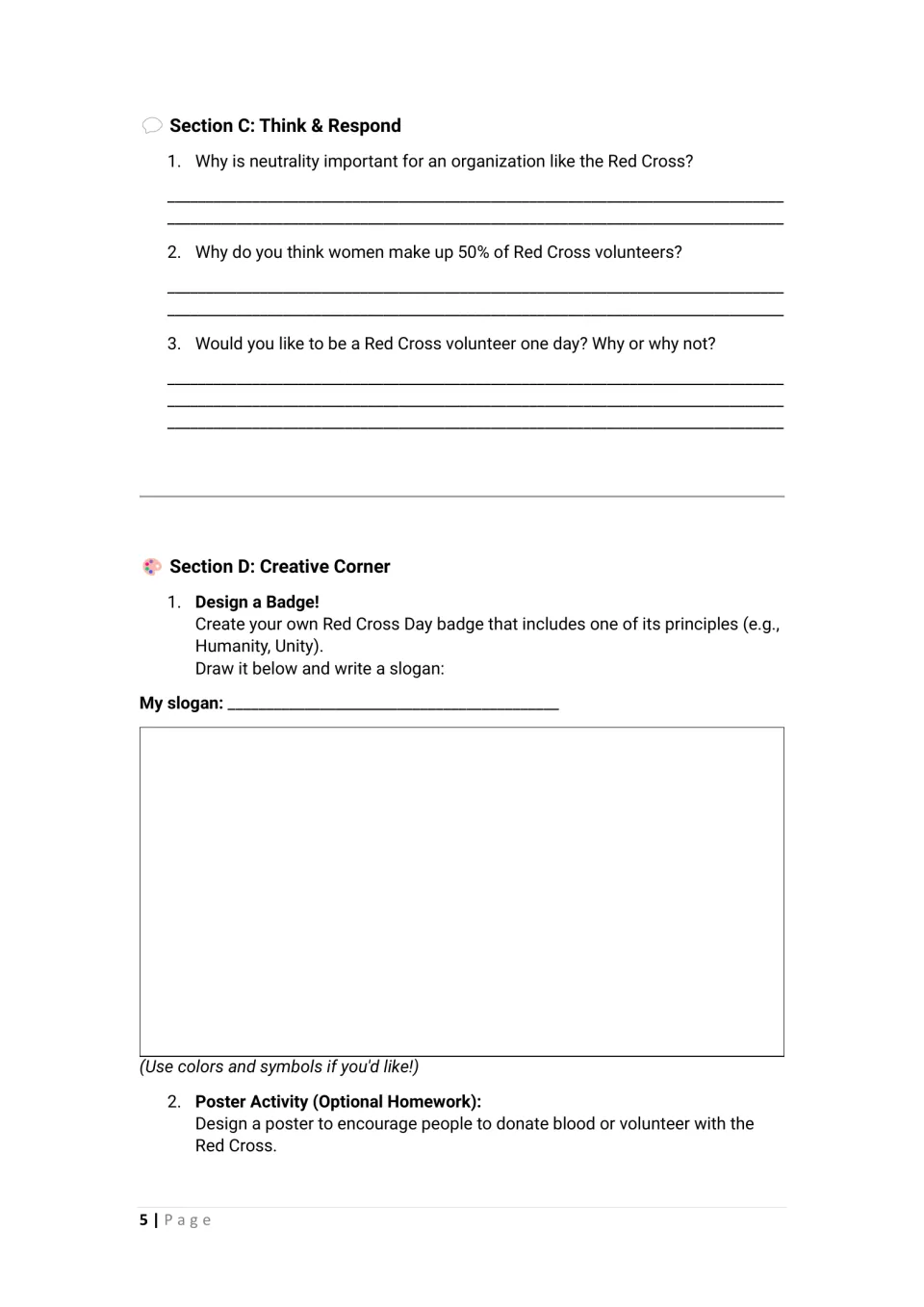 Student worksheet sections C–D: reflection on neutrality and volunteering, badge design, and a poster task