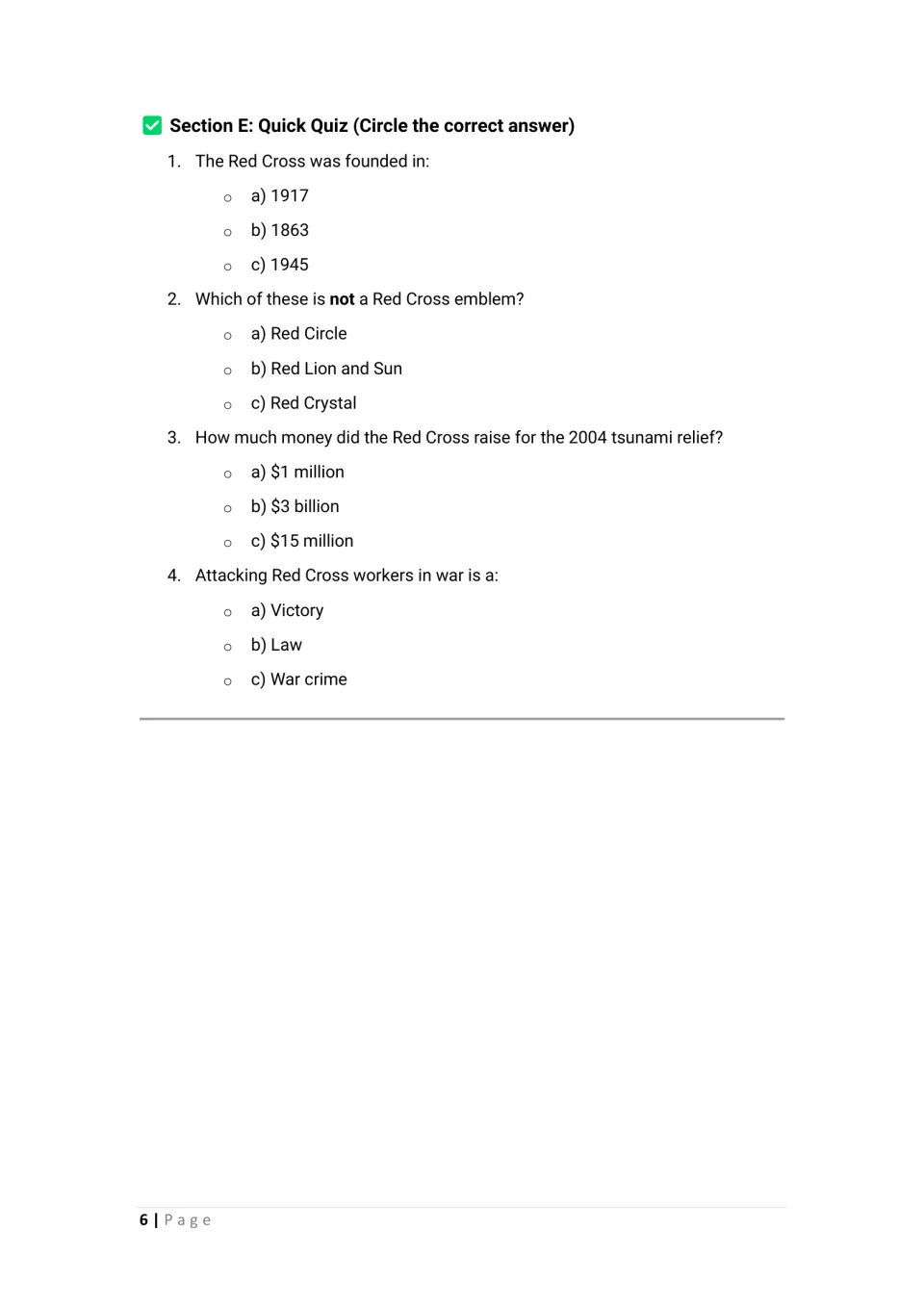 Student worksheet section E: four quiz questions on Red Cross founding, emblems, tsunami relief, and war