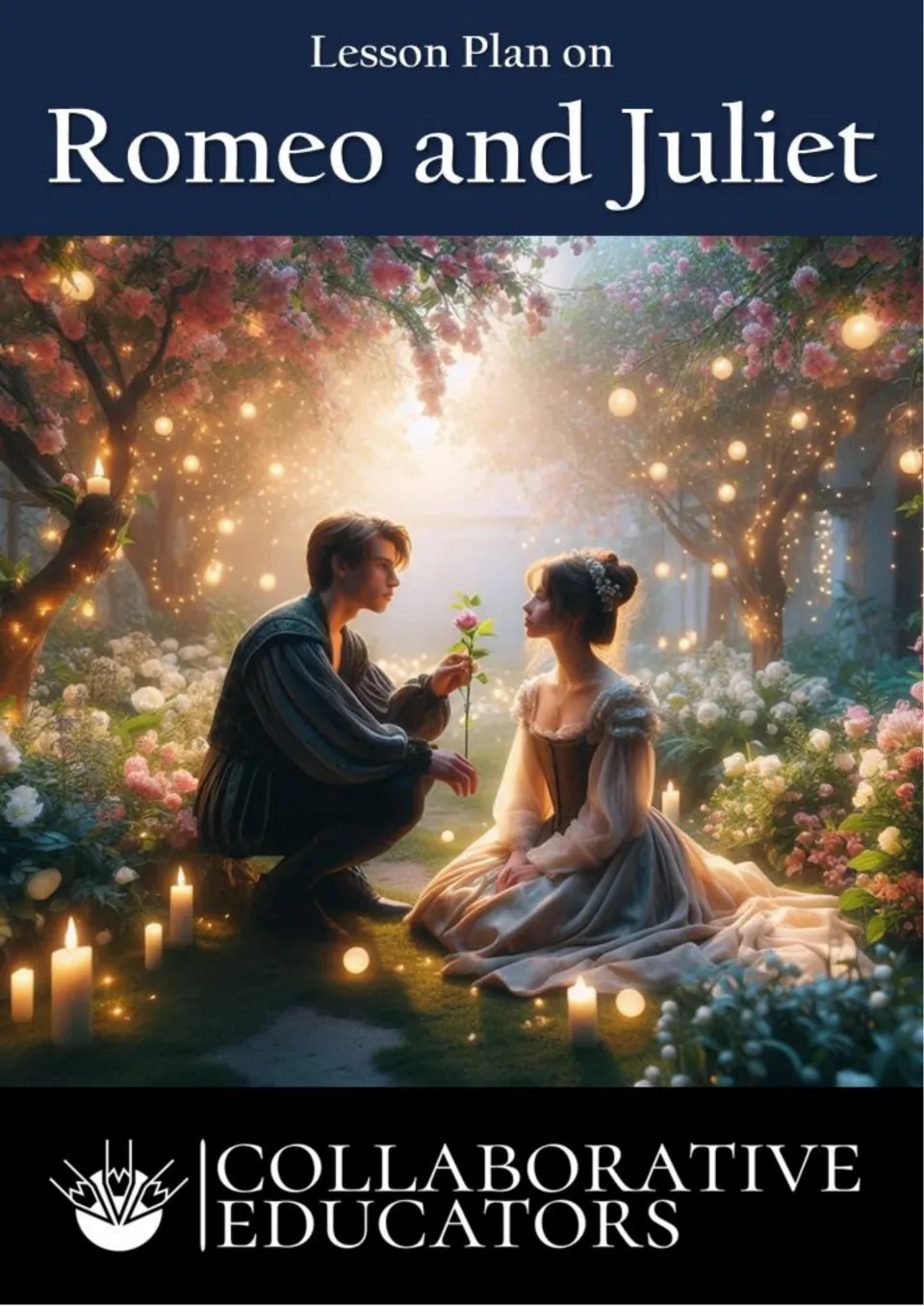 Cover of Lesson Plan on Romeo and Juliet by Collaborative Educators: Romeo offers Juliet a rose in a candlelit garden