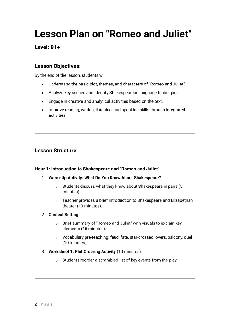 Objectives and Hour 1 plan: pair warm-up on Shakespeare, play summary, vocabulary like feud and fate, plot ordering task