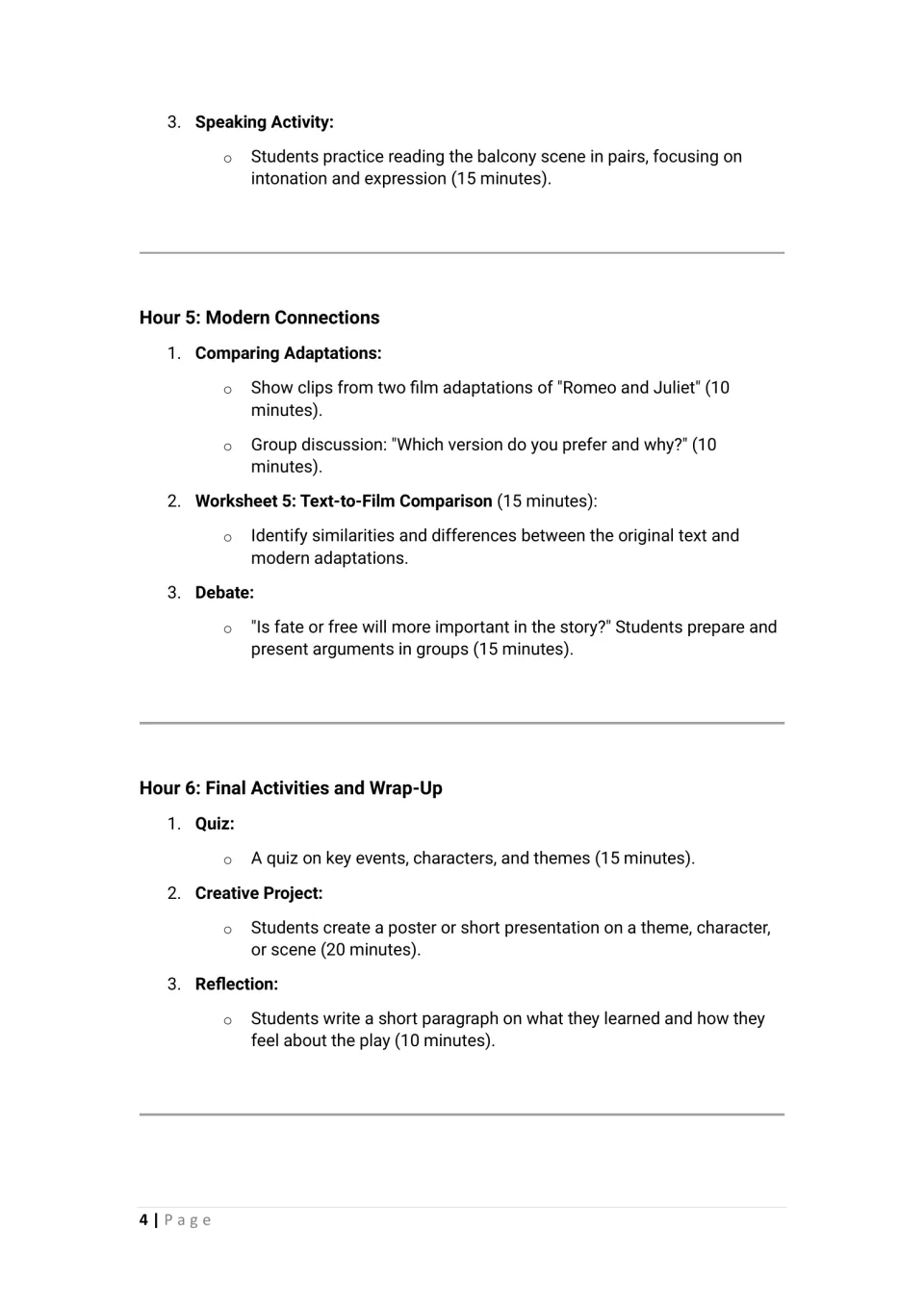 Hours 5 and 6 plan: balcony scene read-aloud, film adaptation comparison, fate vs free will debate, quiz and reflection