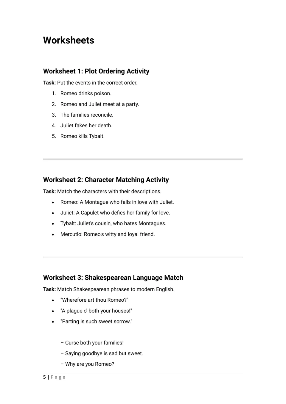 Plot sequencing of five events, character matching, and pairing lines like 'Wherefore art thou Romeo?' with modern English