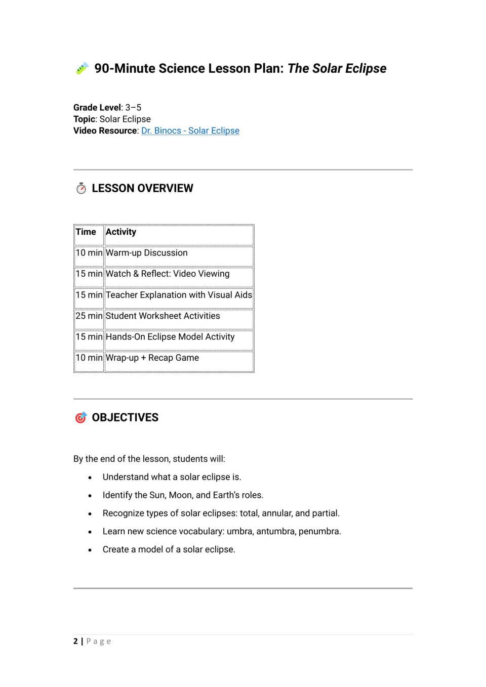 Lesson plan opening: 90-minute activity schedule and objectives for eclipse types, shadows, and modeling