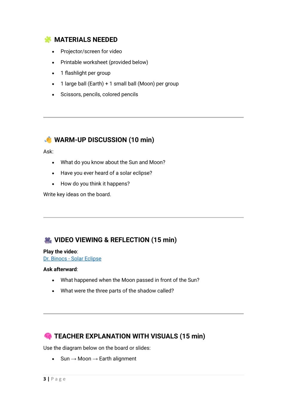 Lesson plan materials, warm-up questions, Dr. Binocs video reflection, and Sun–Moon–Earth alignment