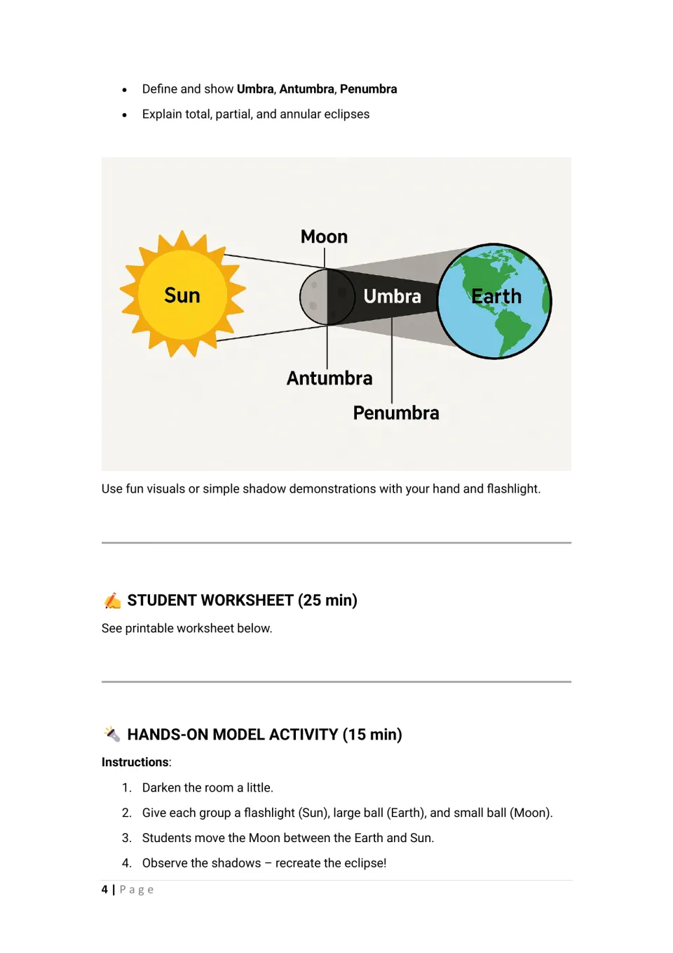 Lesson plan continuation: labeled eclipse diagram, worksheet timing, and flashlight-and-ball model steps