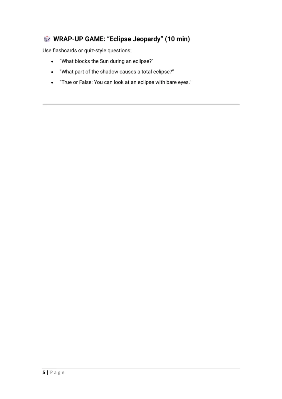 Lesson plan wrap-up: 'Eclipse Jeopardy' questions about the Moon, total eclipse shadows, and eye safety
