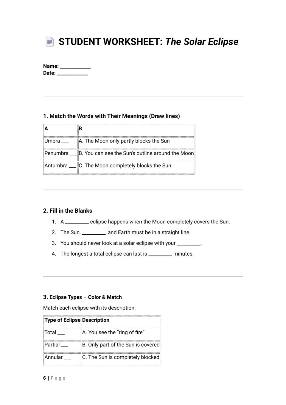 Student worksheet, part 1: shadow vocabulary matching, four fill-in-the-blanks, and eclipse type matching