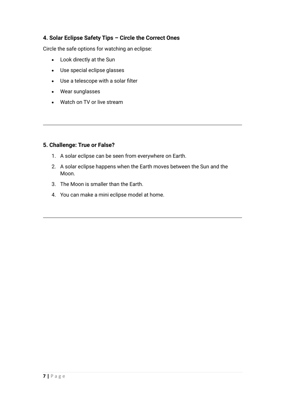 Student worksheet, part 2: circle safe eclipse viewing options and answer four true-or-false statements