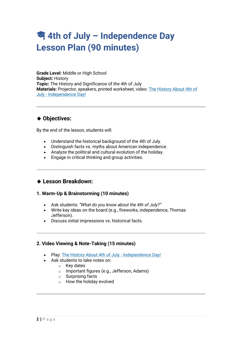 Lesson plan opening: Independence Day objectives, materials, warm-up brainstorming, and video note-taking