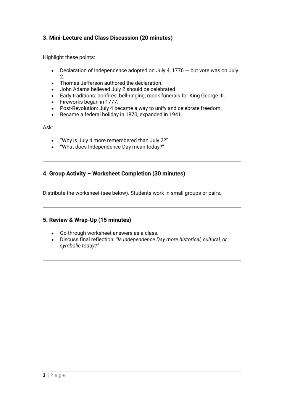 Lesson plan continuation: July 4 history lecture, class discussion, group worksheet work, and final reflection
