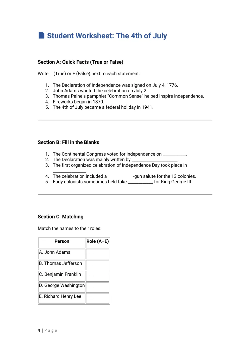 Student worksheet begins with five true-or-false facts, five fill-in-the-blanks, and five historical figures to match