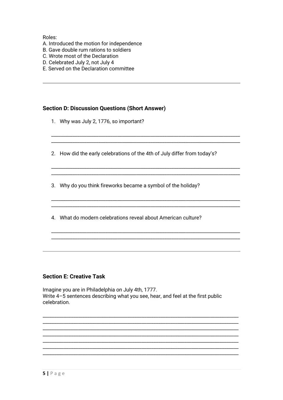 Student worksheet continues with matching roles, four discussion questions, and a Philadelphia 1777 writing task