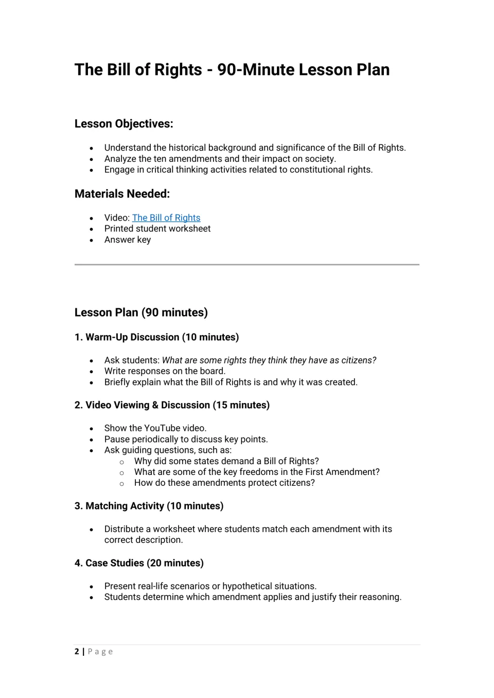 Bill of Rights 90-minute lesson: objectives, materials, and warm-up, video, matching and case study steps with times