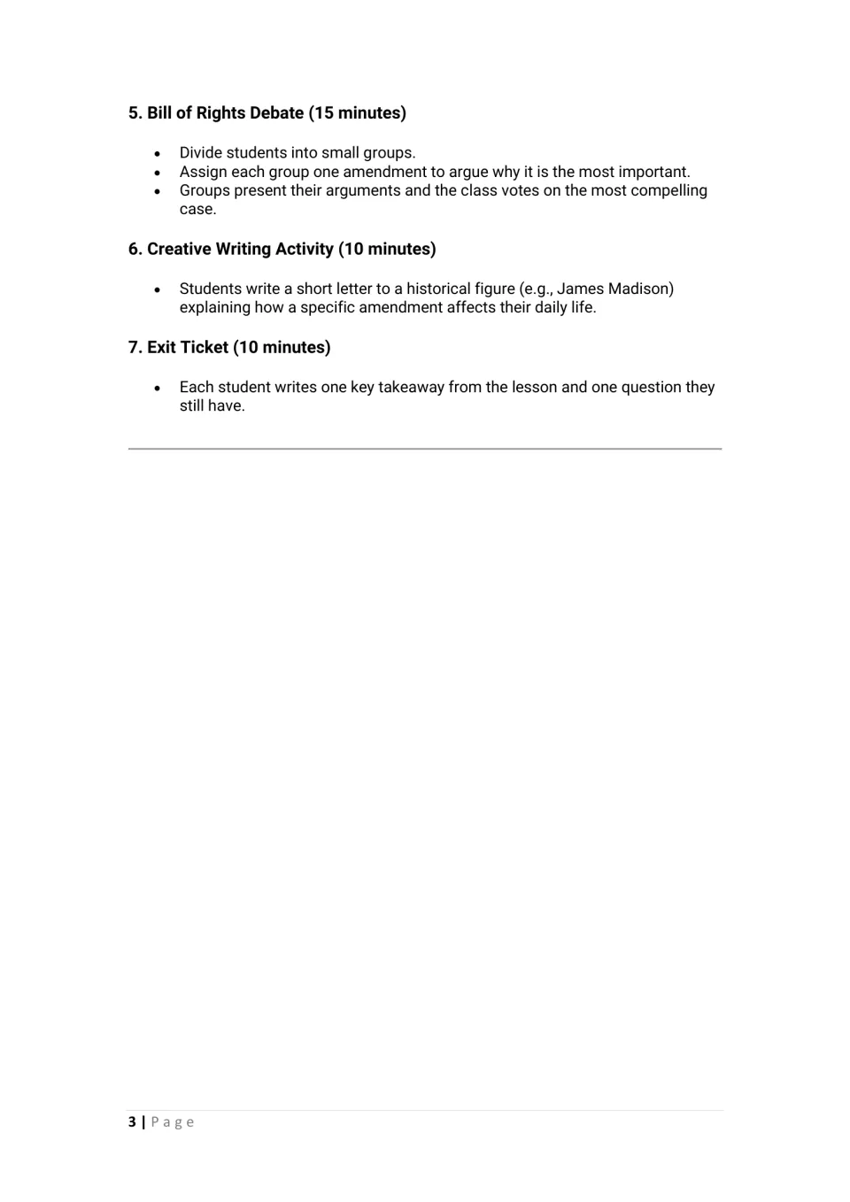 Lesson steps 5 to 7 on the amendments: small-group debate, letter to James Madison and an exit ticket, with timings