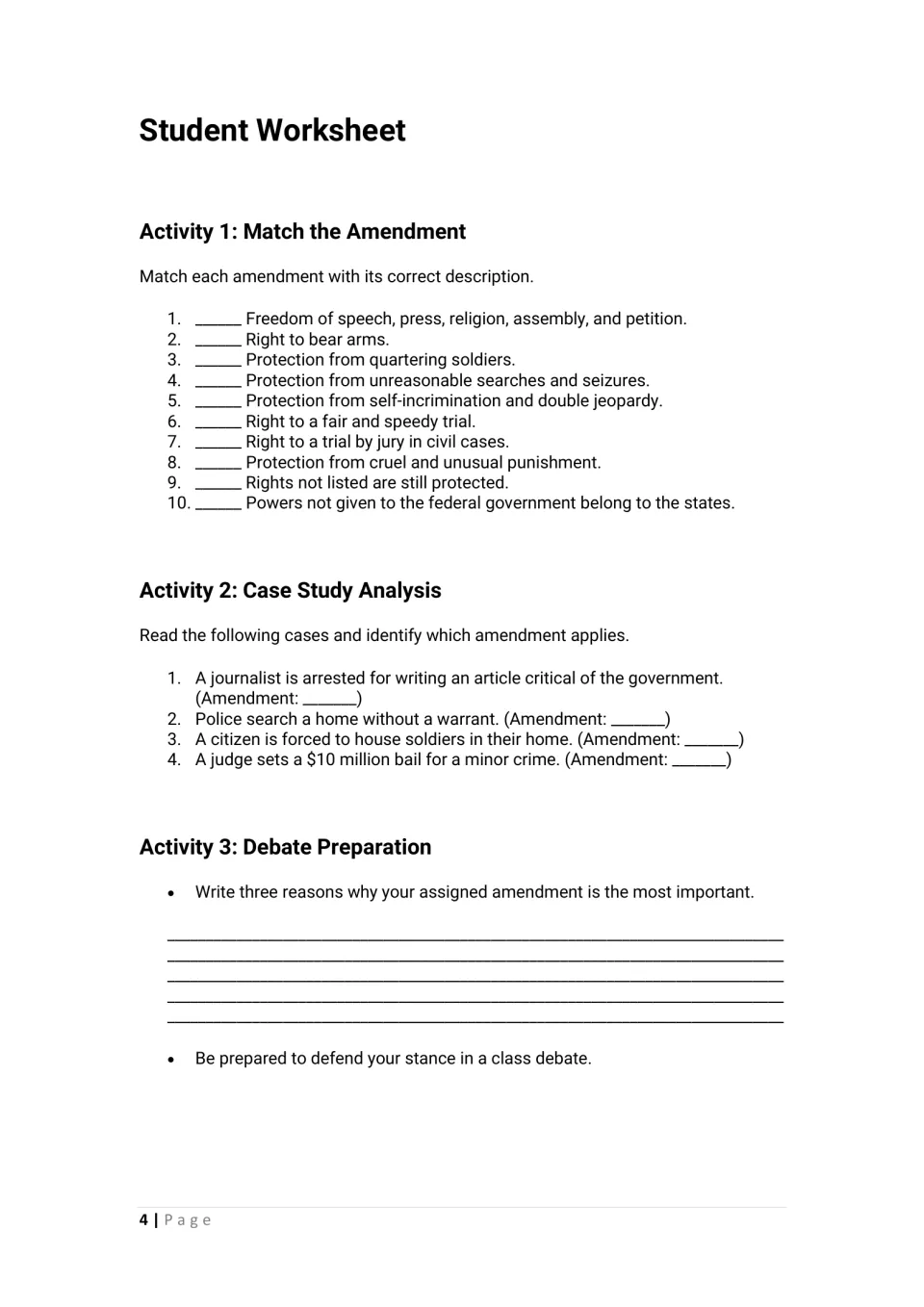 Amendments review: students match 10 amendment descriptions, name the amendment in 4 case studies and list debate reasons