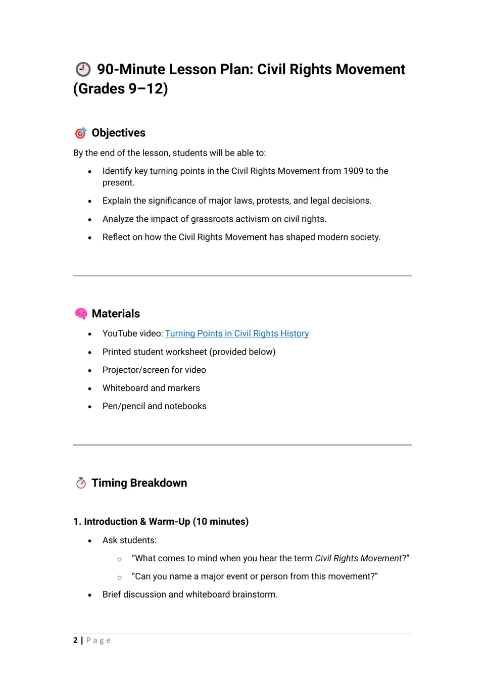 90-minute civil rights plan: four objectives, materials incl. a YouTube video, and a 10-minute warm-up brainstorm