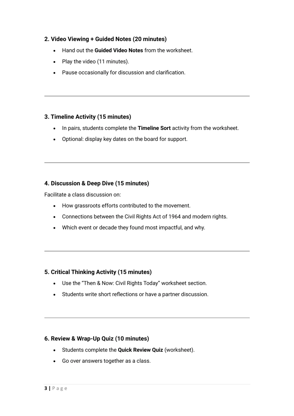 Lesson timing steps 2-6: guided video notes, paired timeline sort, grassroots discussion, then-and-now reflection and quiz