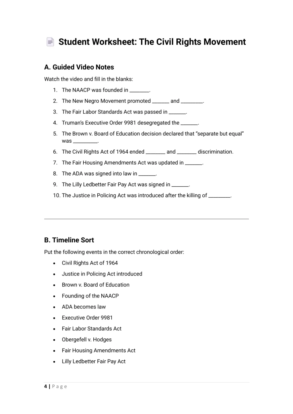 Civil rights video notes: students fill in 10 blanks on laws and cases, then sequence 10 events in chronological order