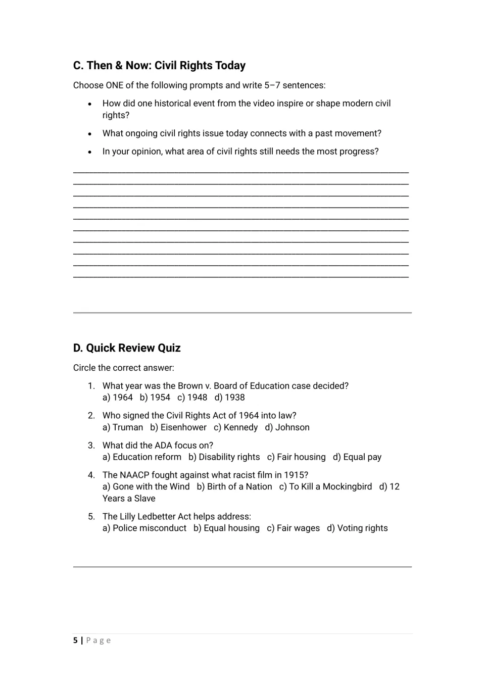 Then & Now: students write 5-7 sentences on one civil rights prompt, then circle answers on a 5-question review quiz