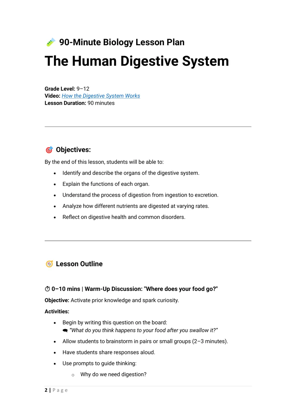 Lesson opening lists digestive system objectives and a 0–10 minute warm-up asking where food goes
