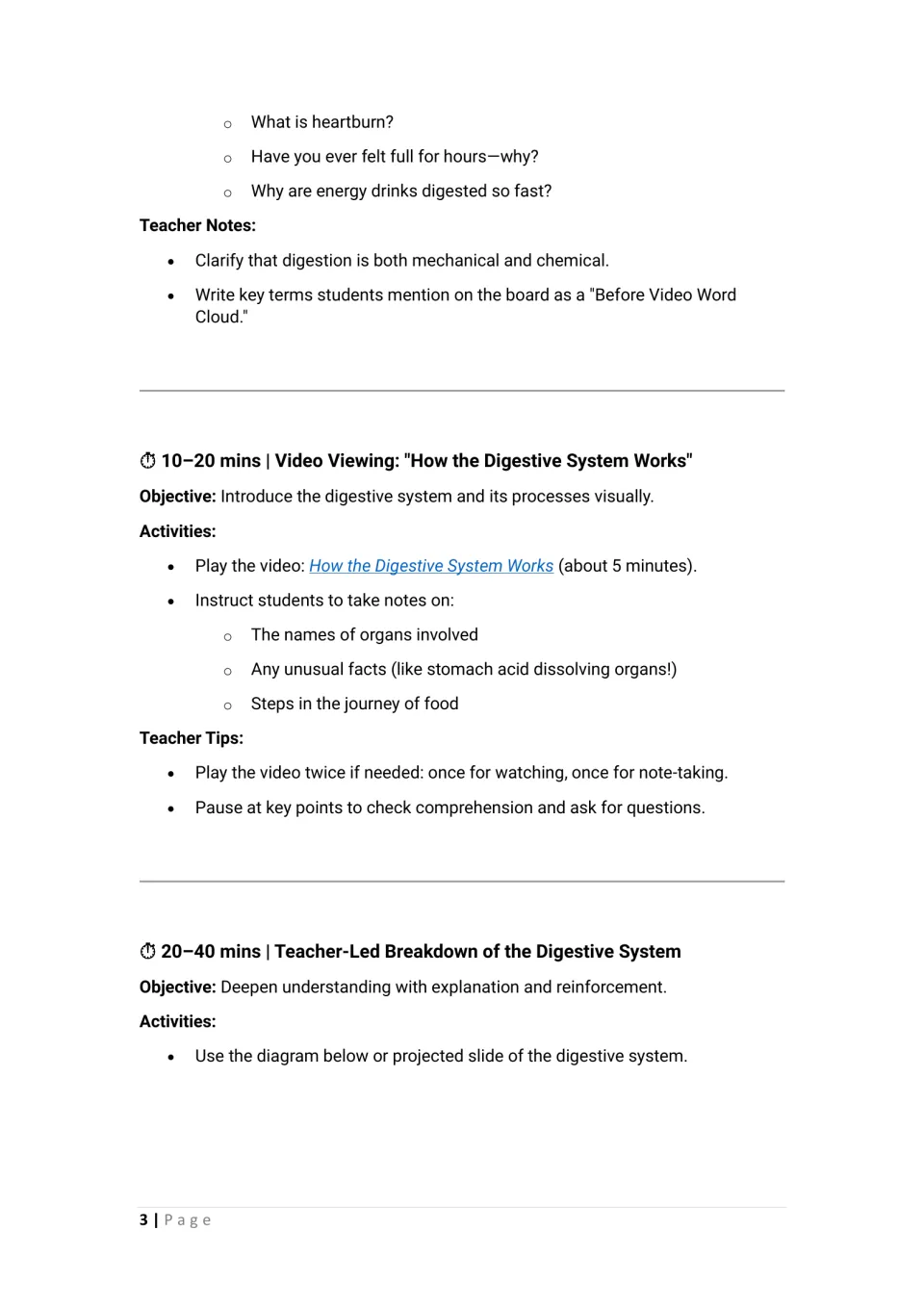 Lesson sequence continues with warm-up notes, video viewing and the start of teacher-led organ instruction