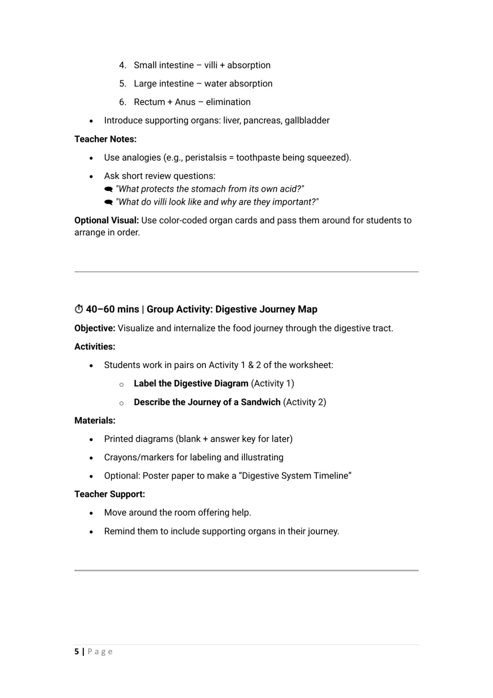 Lesson notes cover intestinal functions and supporting organs, followed by a paired digestive journey task