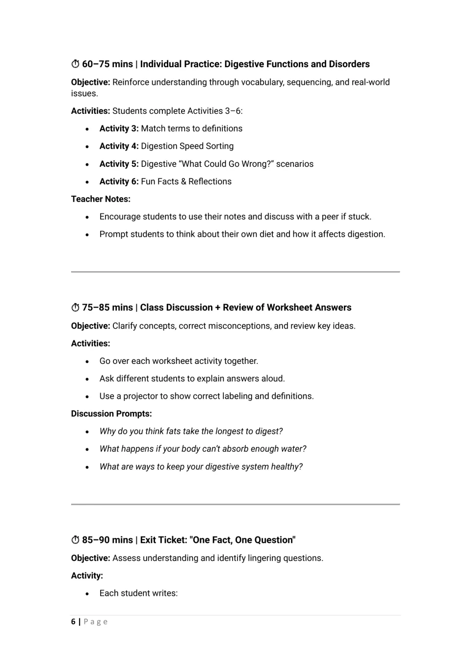 Lesson schedule assigns activities 3–6, reviews worksheet answers and introduces a fact-and-question exit ticket
