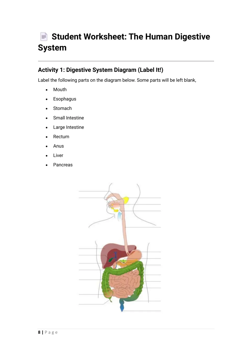 Student worksheet activity 1 asks students to label nine digestive parts, including mouth, liver and pancreas
