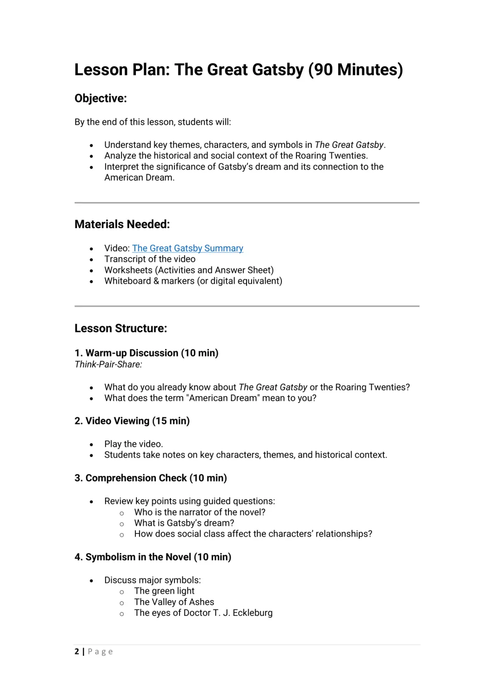 90-minute novel lesson: objectives, materials, Roaring Twenties warm-up, video notes and symbols like the green light