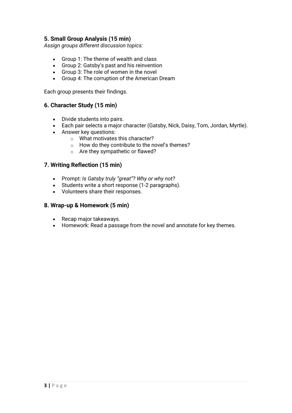 Lesson steps 5 to 8: group analysis of wealth and class, character study in pairs, an 'Is Gatsby truly great?' reflection