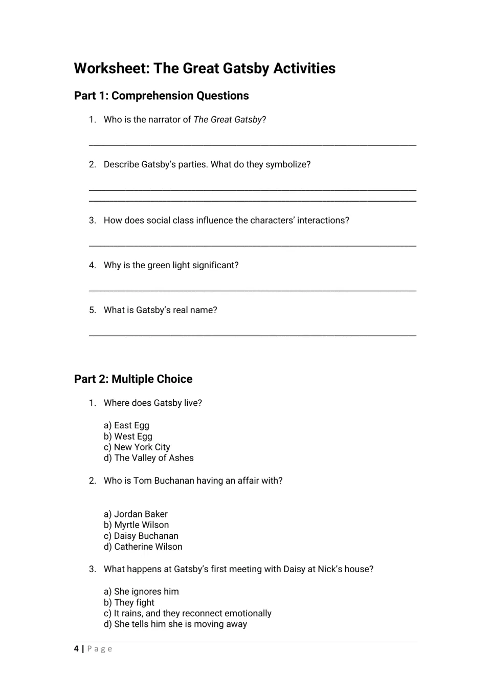 Novel comprehension: students answer five questions on the narrator and green light, plus three multiple-choice items