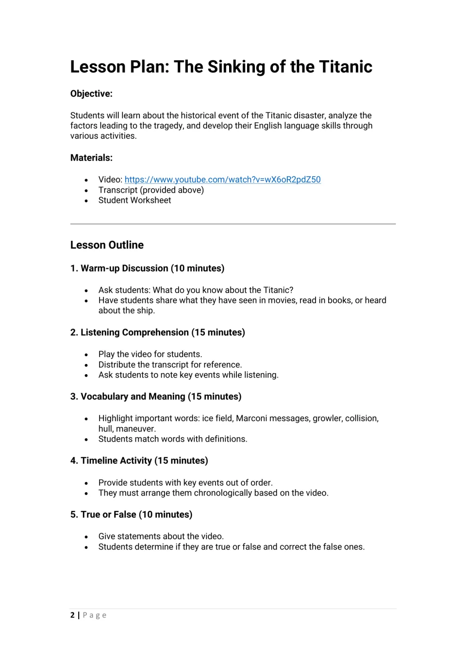 Titanic lesson plan, part 1: objective, materials, warm-up, listening, vocabulary, timeline, and true or false