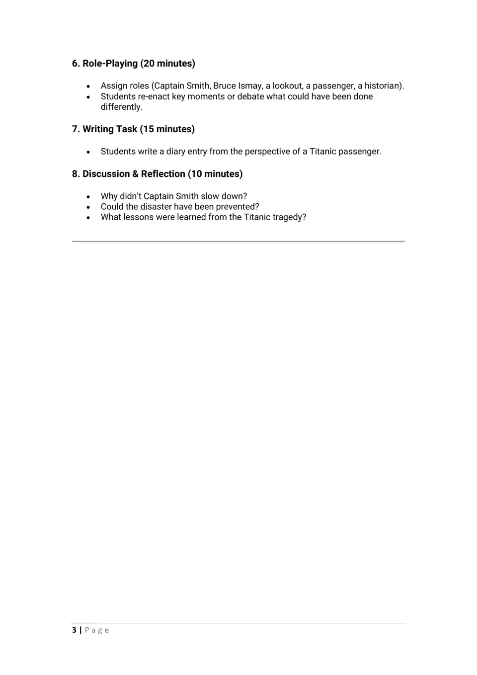 Titanic lesson plan, part 2: role-playing, a passenger diary writing task, and discussion of the disaster