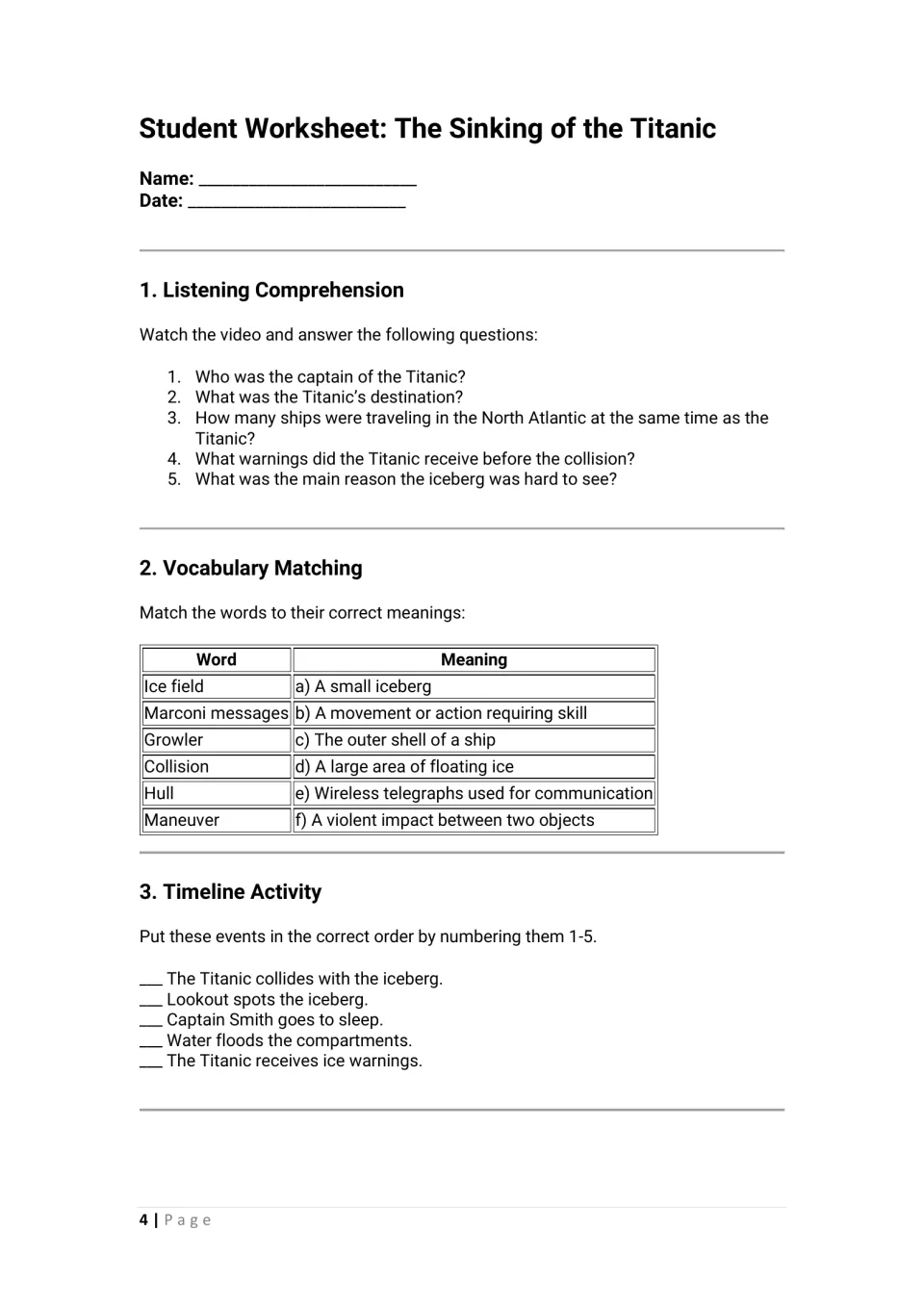 Titanic student worksheet, part 1: five listening questions, six vocabulary matches, and five events to order