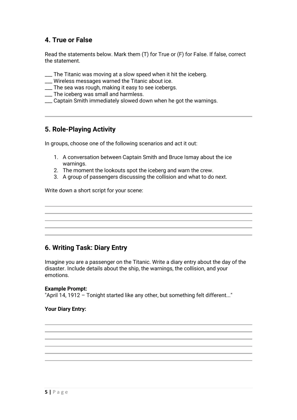 Titanic student worksheet, part 2: five true-or-false statements, three role-play choices, and a diary prompt