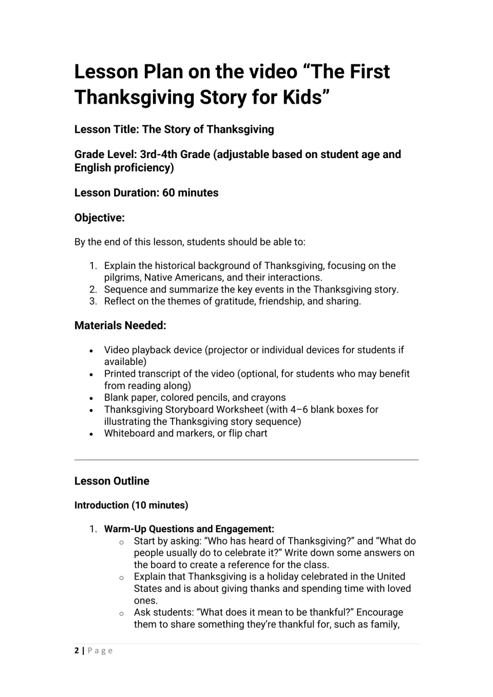 Lesson overview lists grades 3–4, a 60-minute duration, objectives, materials, and Thanksgiving warm-up prompts