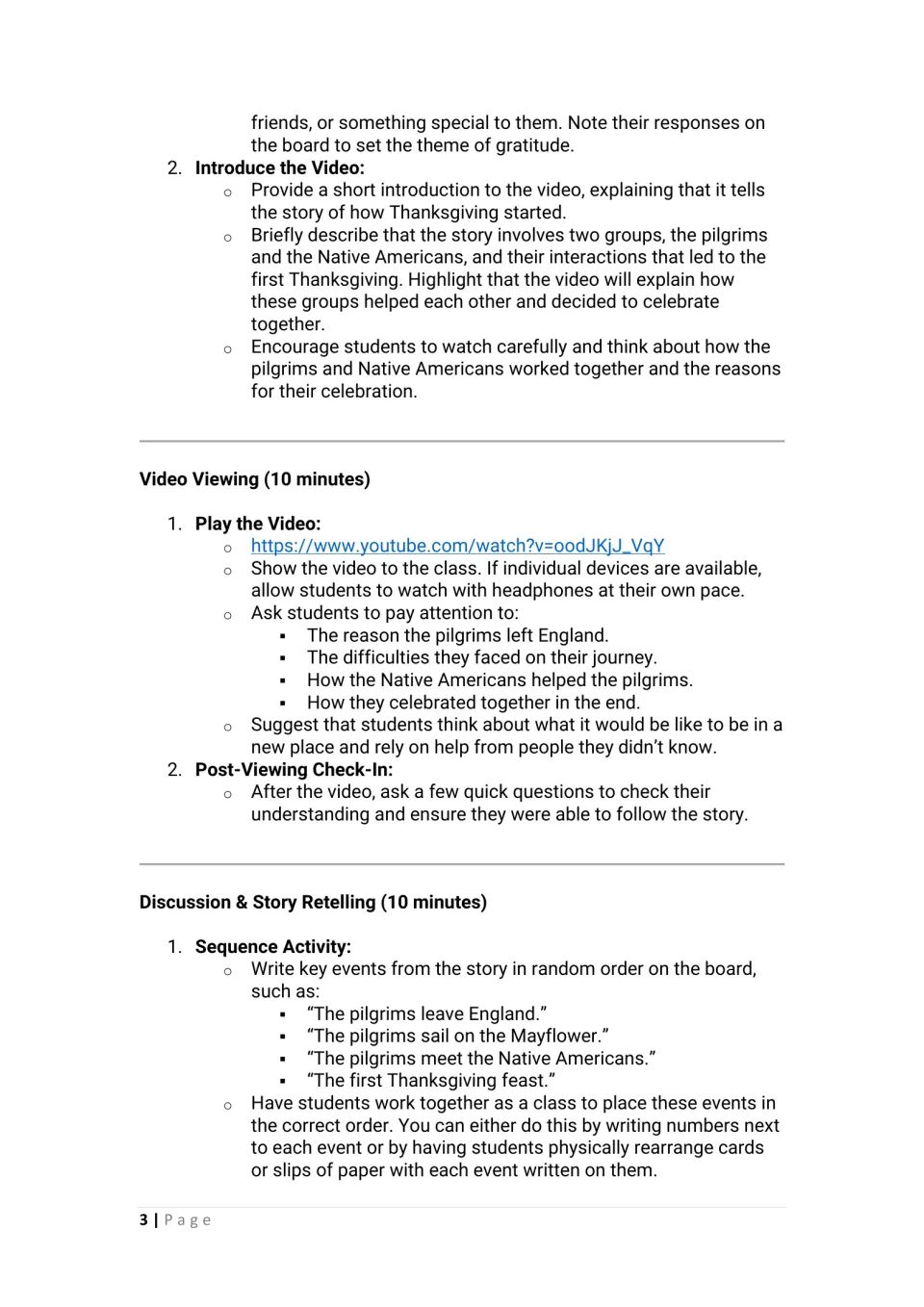 Video lesson directions introduce the story, guide viewing, and sequence events from England to the feast