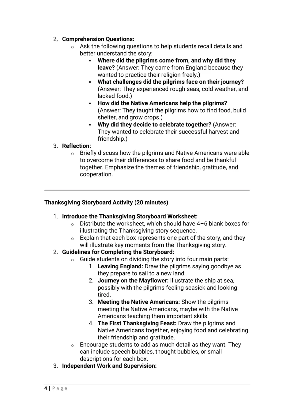 Lesson discussion questions include answers, followed by directions for illustrating four Thanksgiving events
