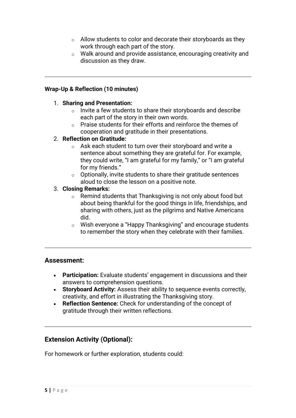 Lesson wrap-up directs storyboard sharing and gratitude writing, with assessment criteria and extension heading