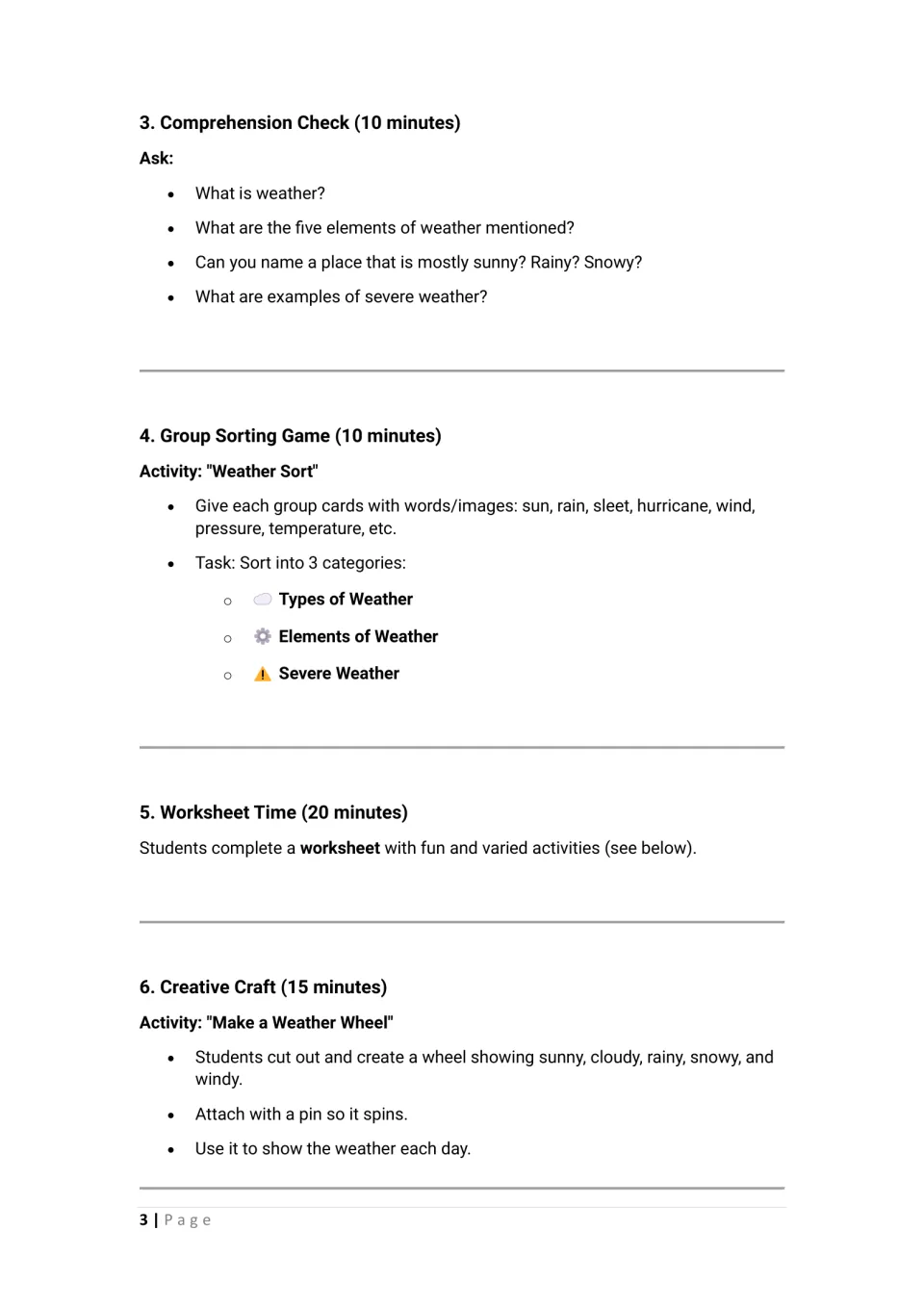Weather lesson steps 3–6: comprehension questions, a weather sorting game, worksheet time, and a weather wheel